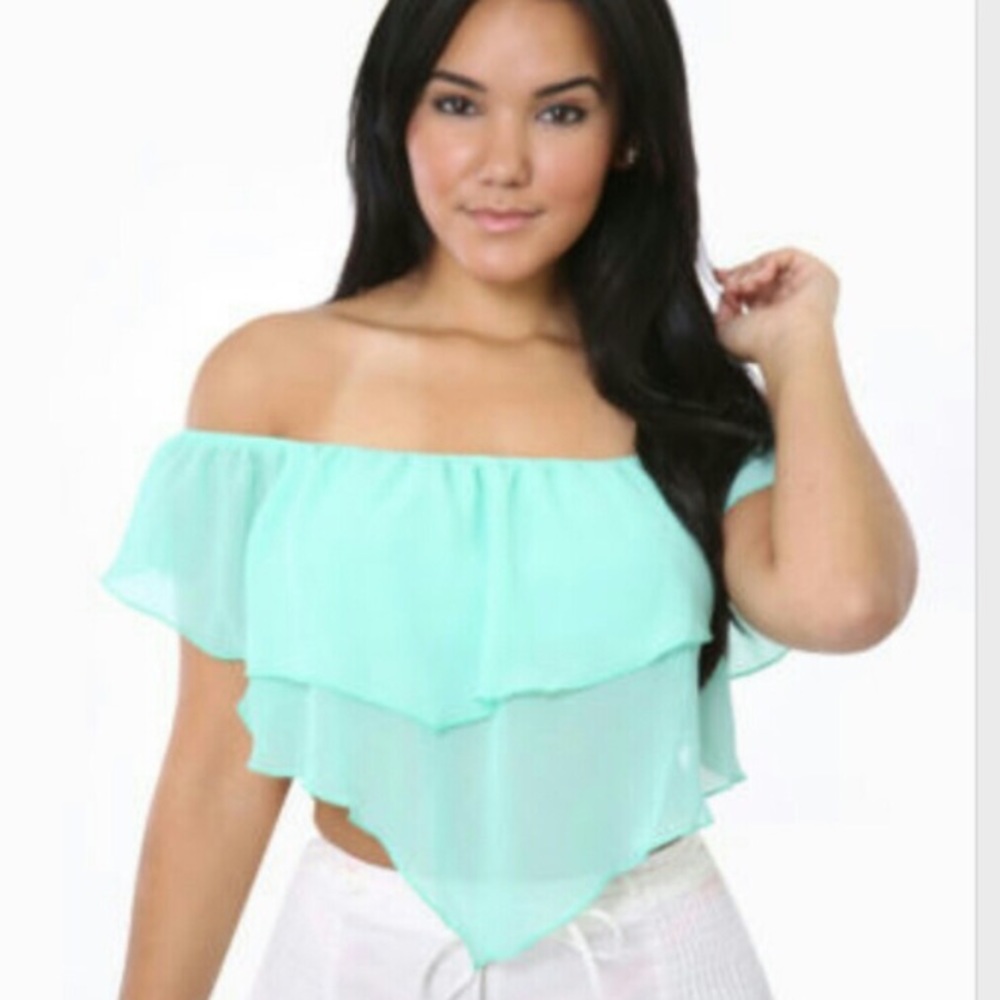 Aqua drape off shoulders crop top - Picture 2 of 3